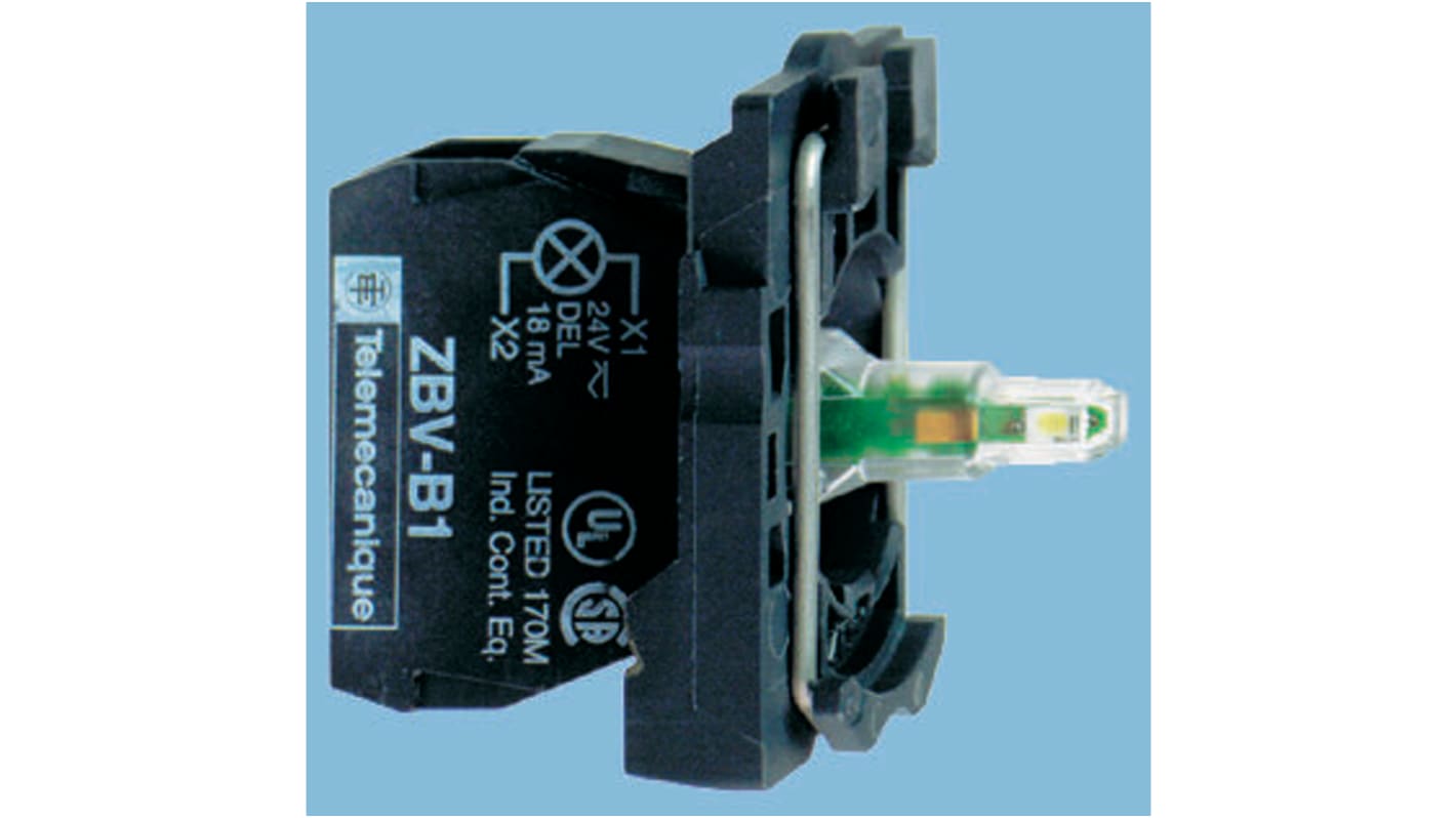 Schneider Electric ZB5AVM5, blocco luminoso LED giallo 230-240 V, con collegamenti a morsetto e collare di fissaggio incluso.