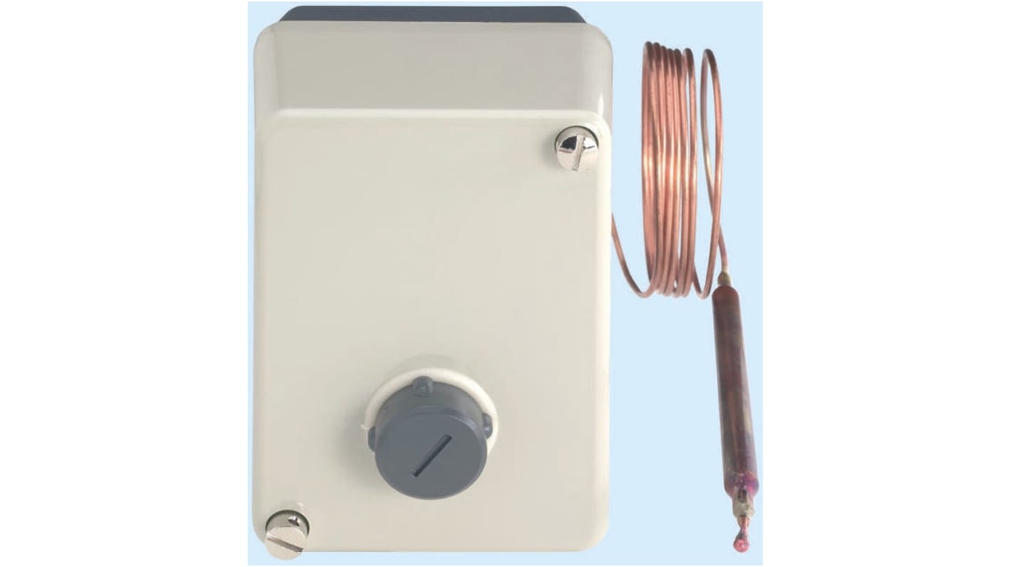 Termostato capillare Jumo, montaggio superficiale, limite temperatura 50-300°C, contatto SPST, 10A, 230V.