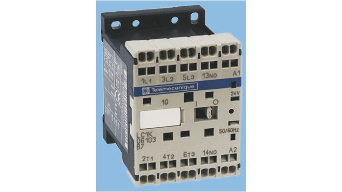Contattore tripolare Schneider Electric LC1K12103FE7, 3 poli, 3 contatti NA, montaggio su guida DIN, dimensioni 45x58x57 mm.