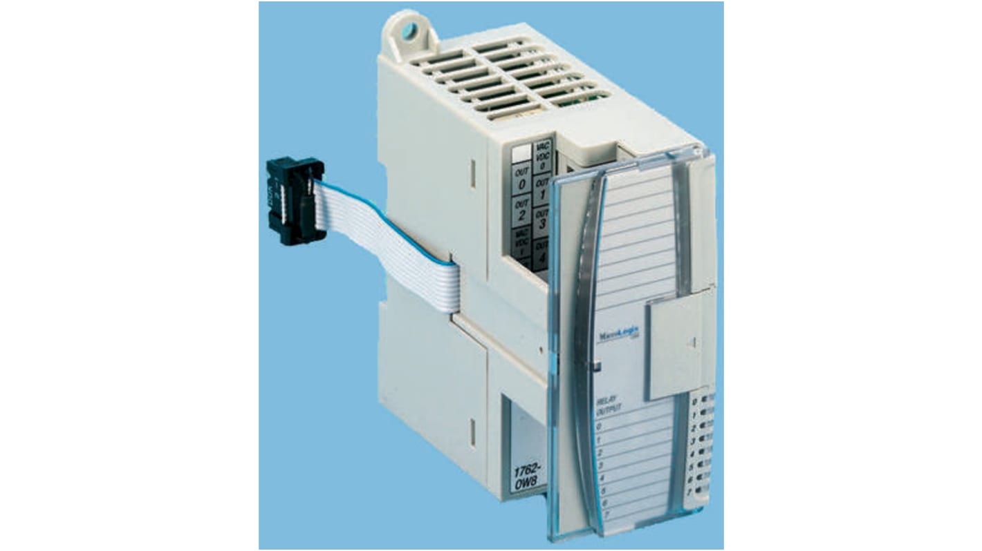 Modulo I/O Allen Bradley 1762-OA8 per MicroLogix, 8 uscite digitali Triac, montaggio su guida DIN, dimensioni 87 x 40 x 90 mm.