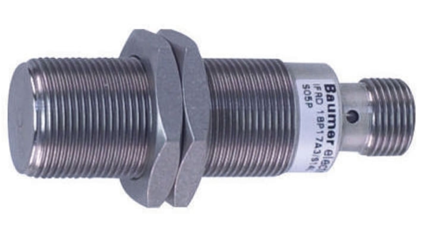 Sensore di prossimità cilindrico PNP Baumer IFRD 18P17A3/S14L, rilevamento 6 mm, custodia in acciaio inox, IP67/IP68.