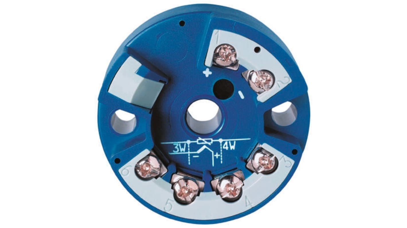 Trasmettitore di temperatura Jumo 707010/888-888-888/000, ingresso PT100, uscita 4-20 mA, montaggio DIN, diametro 44 mm.