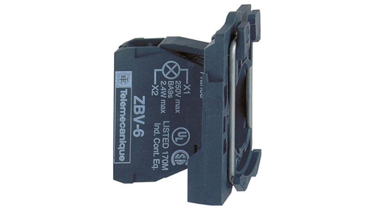 Blocco luminoso Schneider Electric ZB5AV5, 400V ca, terminali a vite, compatibile con lampadine BA9. Standard IEC, JIS.