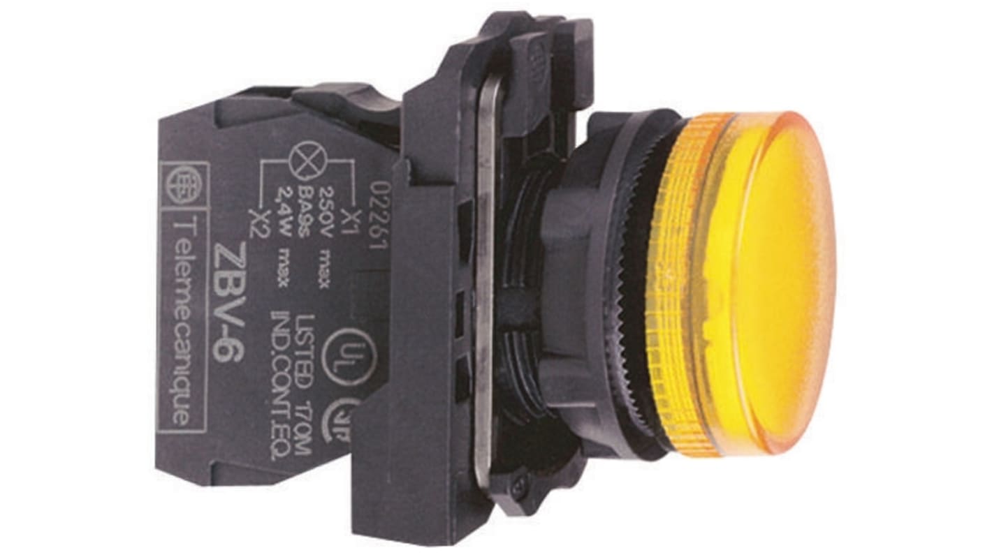 Spia di segnalazione Schneider Electric XB5AV61, montaggio a pannello 22mm, protezione IP66/IP67, colore bianco, tensione 250V.