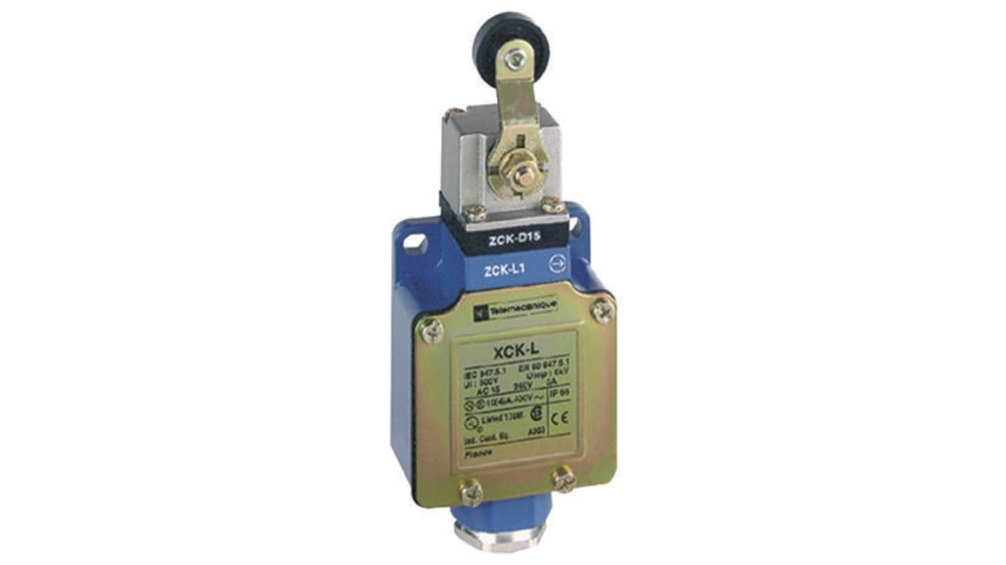 Interruttore di fine corsa leva NO/NC Telemecanique Sensors XCKL115, corrente 10A, tensione 240V AC, protezione IP66. Dimensioni 72mm x 52mm x 30mm.