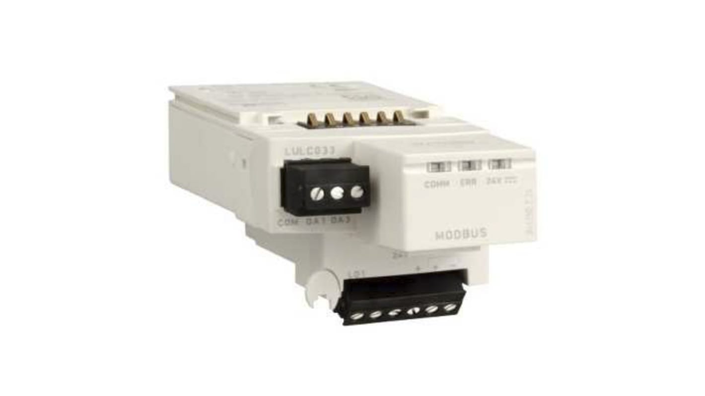 Modulo di comunicazione Schneider Electric LULC033 per starter motore avanzato, larghezza 45mm, corrente fino a 32A, assemblaggio rapido e flessibile.