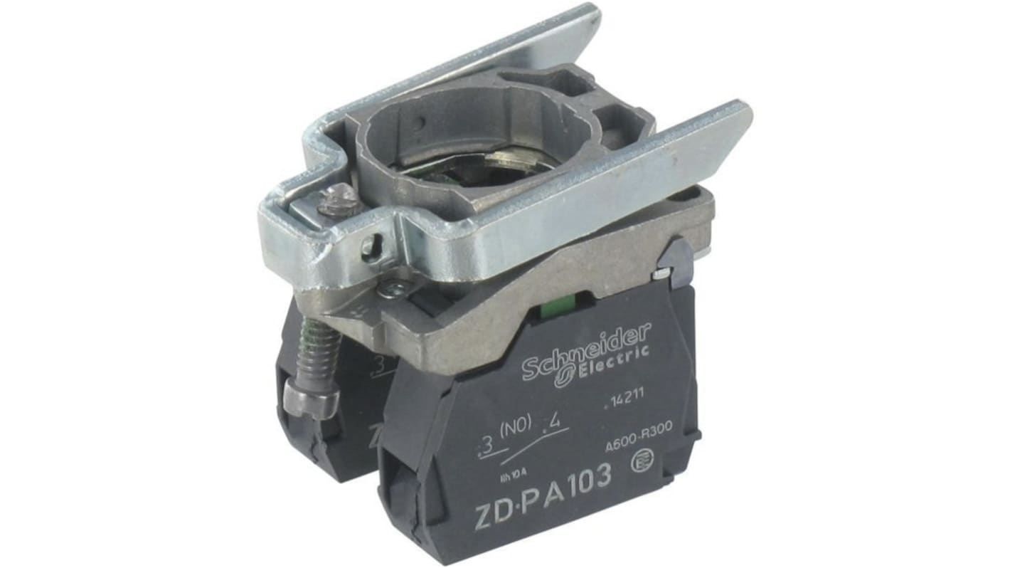 Blocco contatti Schneider Electric ZD4PA103, 2NO a vite, con LED integrato e collare di fissaggio. Conforme a EN/IEC 60947-5-1.