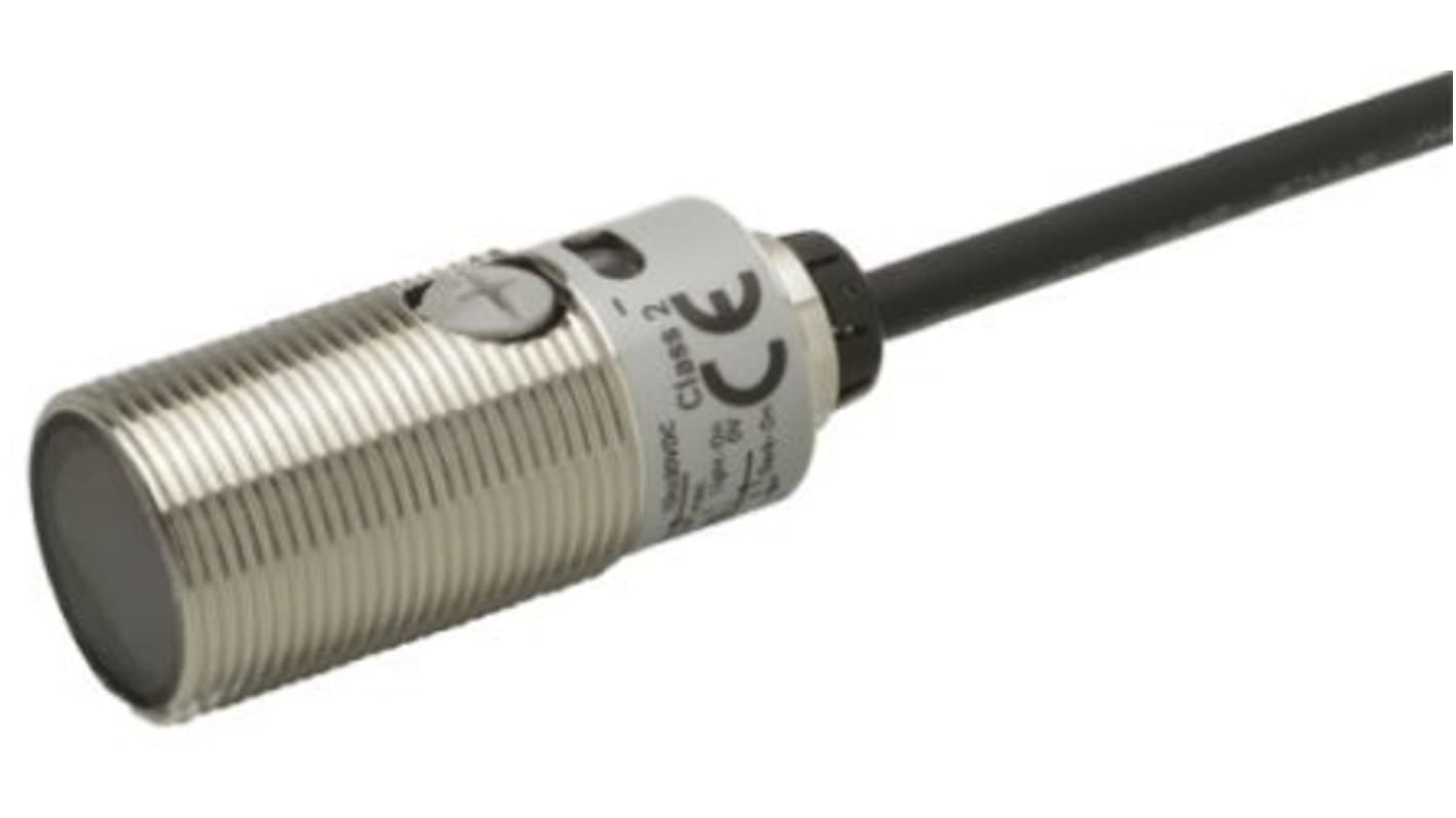 Omron E3FBTN112M, sensore fotoelettrico cilindrico con rilevamento fino a 20 m, montaggio DIN M18, grado di protezione IP67/IP69K.