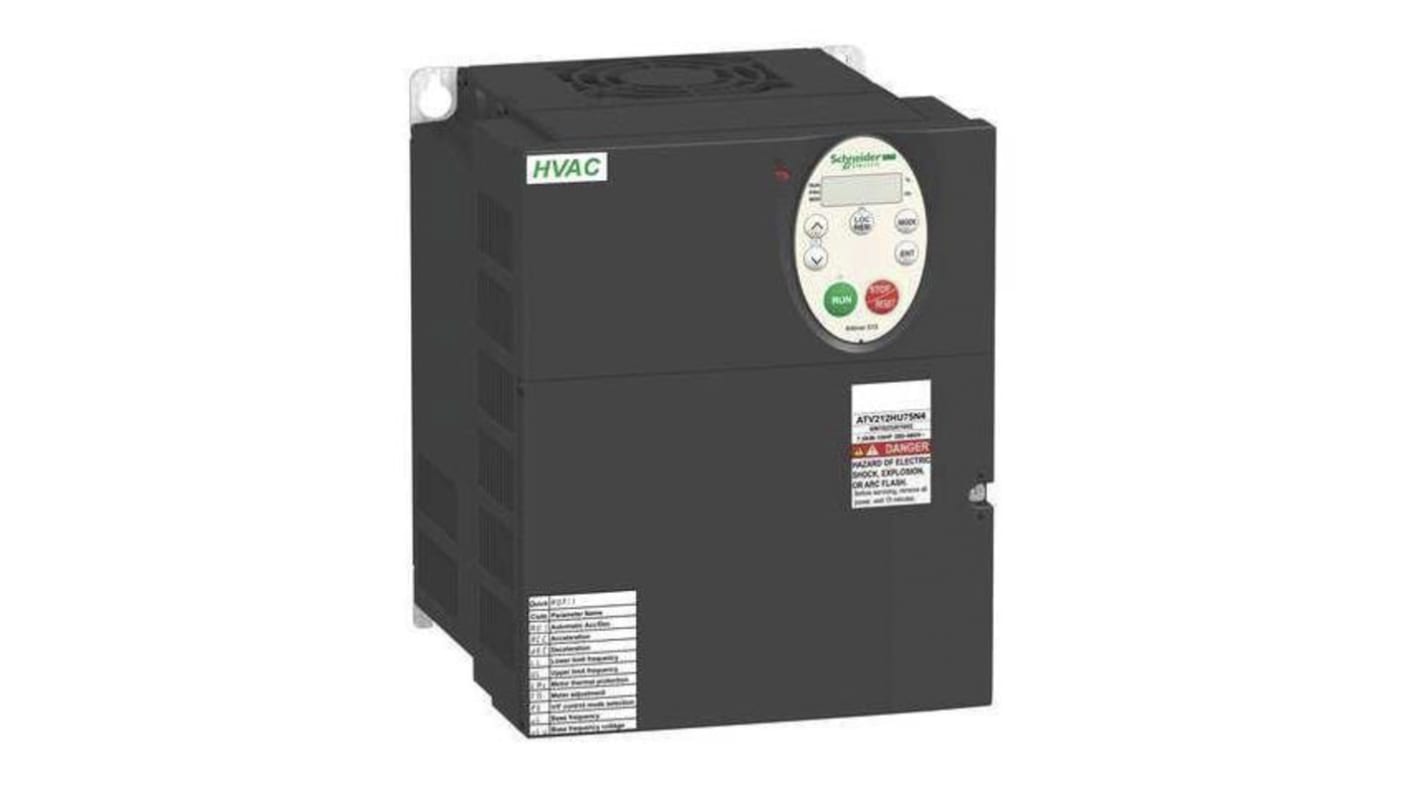 Inverter trifase Schneider Electric ATV212HU75N4, potenza 7,5 kW, dimensioni 180x232x170 mm, comunicazione Modbus.