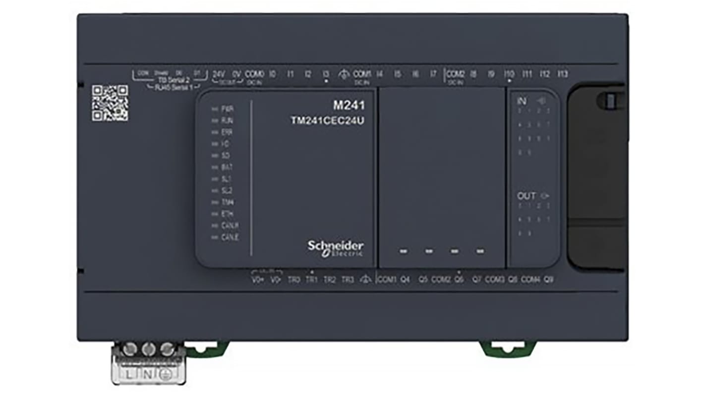 Schneider Electric TM241C24R, CPU PLC Modicon M241, 14 ingressi, 10 uscite relè, montaggio su guida DIN, dimensioni 150 x 95 x 90 mm.