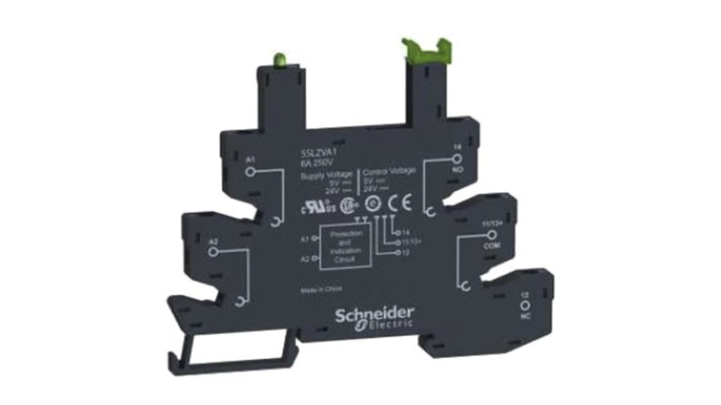 Connettore femmina Schneider Electric SSLZVA1 per relè a stato solido SSL. Facile installazione su guida DIN, indicatore LED, IP20. Adatto per relè 5-24V. Industriale, sicurezza, meccanica, agricoltura.