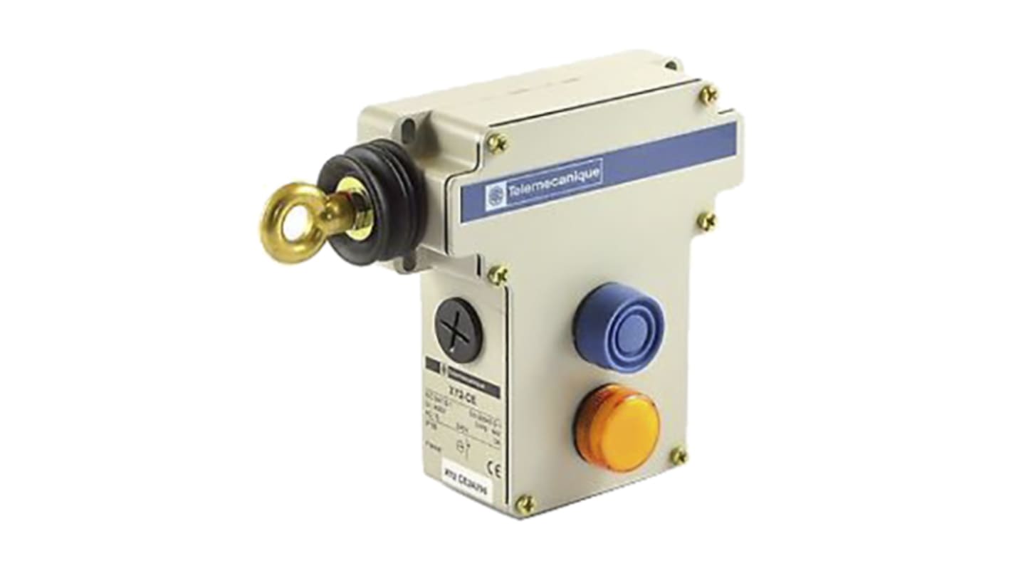 Interruttore a fune Telemecanique Sensors XY2CE2A296, montaggio sinistro, cavo 50m, IP65, dimensioni 142x195x105mm.