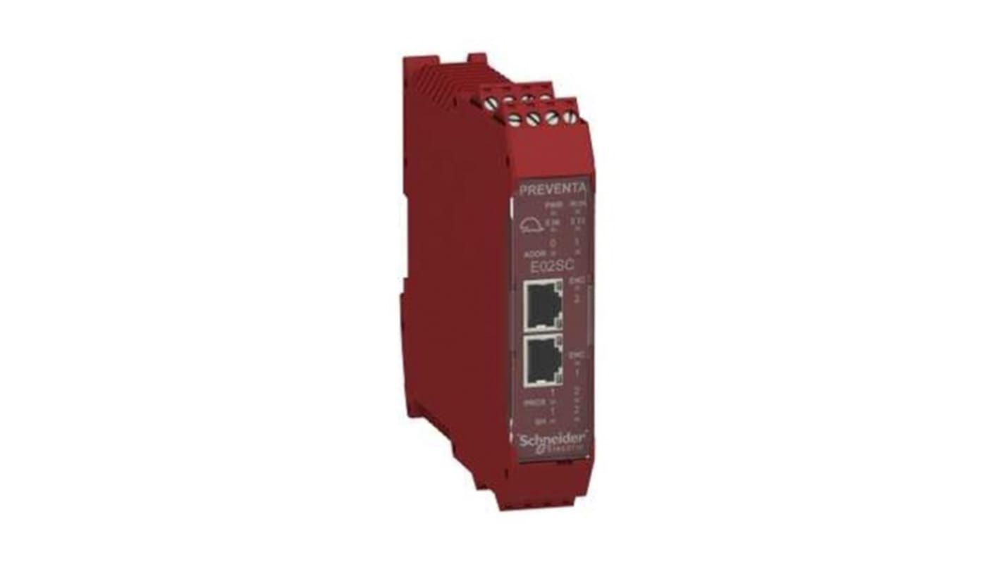 Modulo di monitoraggio Schneider Electric XPSMCMEN0200, design compatto 22,5 x 99 x 114,5 mm, alimentazione 24 V c.c., montaggio su guida DIN.