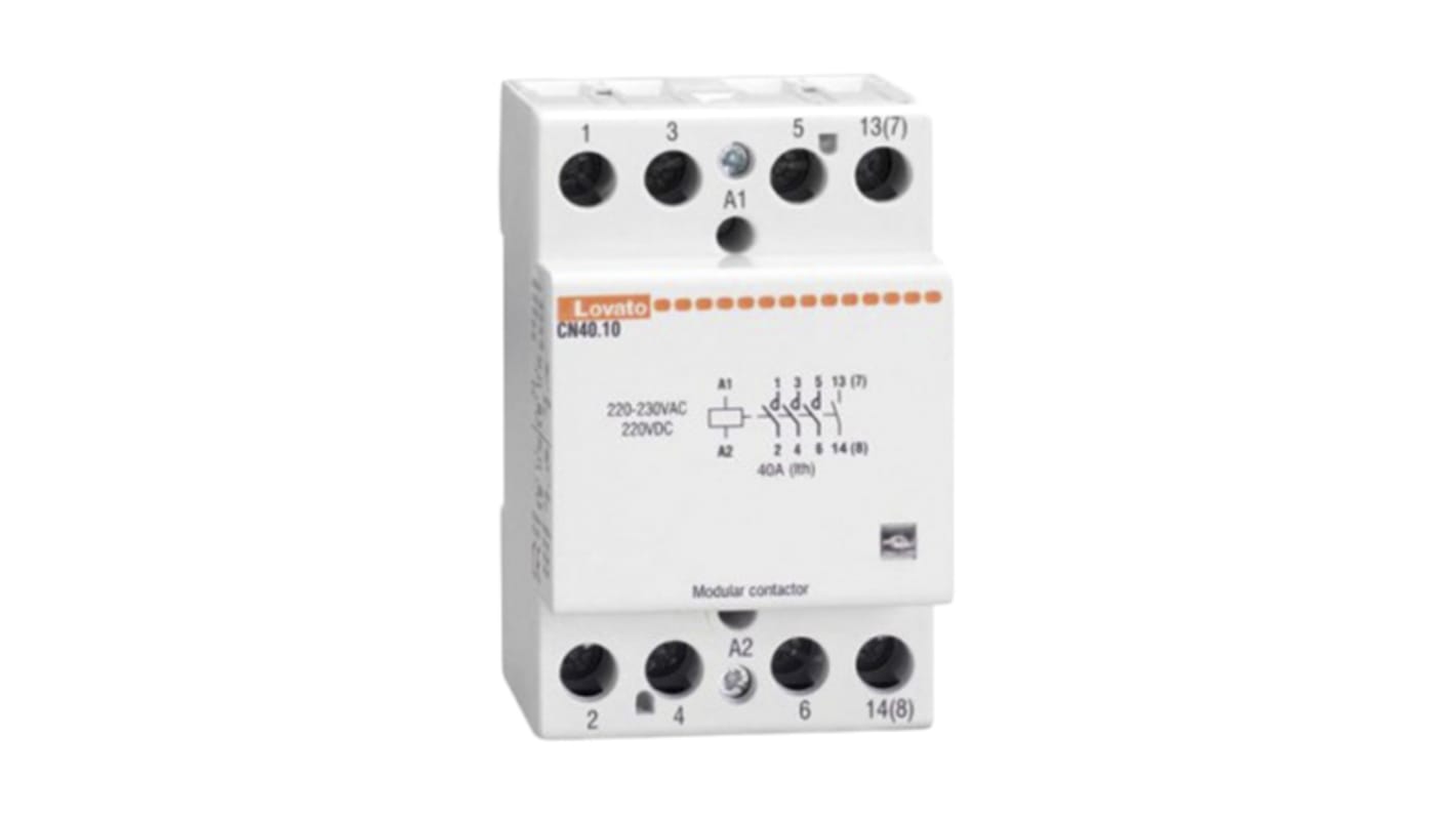 Contattore Lovato CN4010220, 4 poli, 22 A, bobina 230 V, montaggio su guida DIN 35 mm, dimensioni 65 x 53.5 x 85 mm.