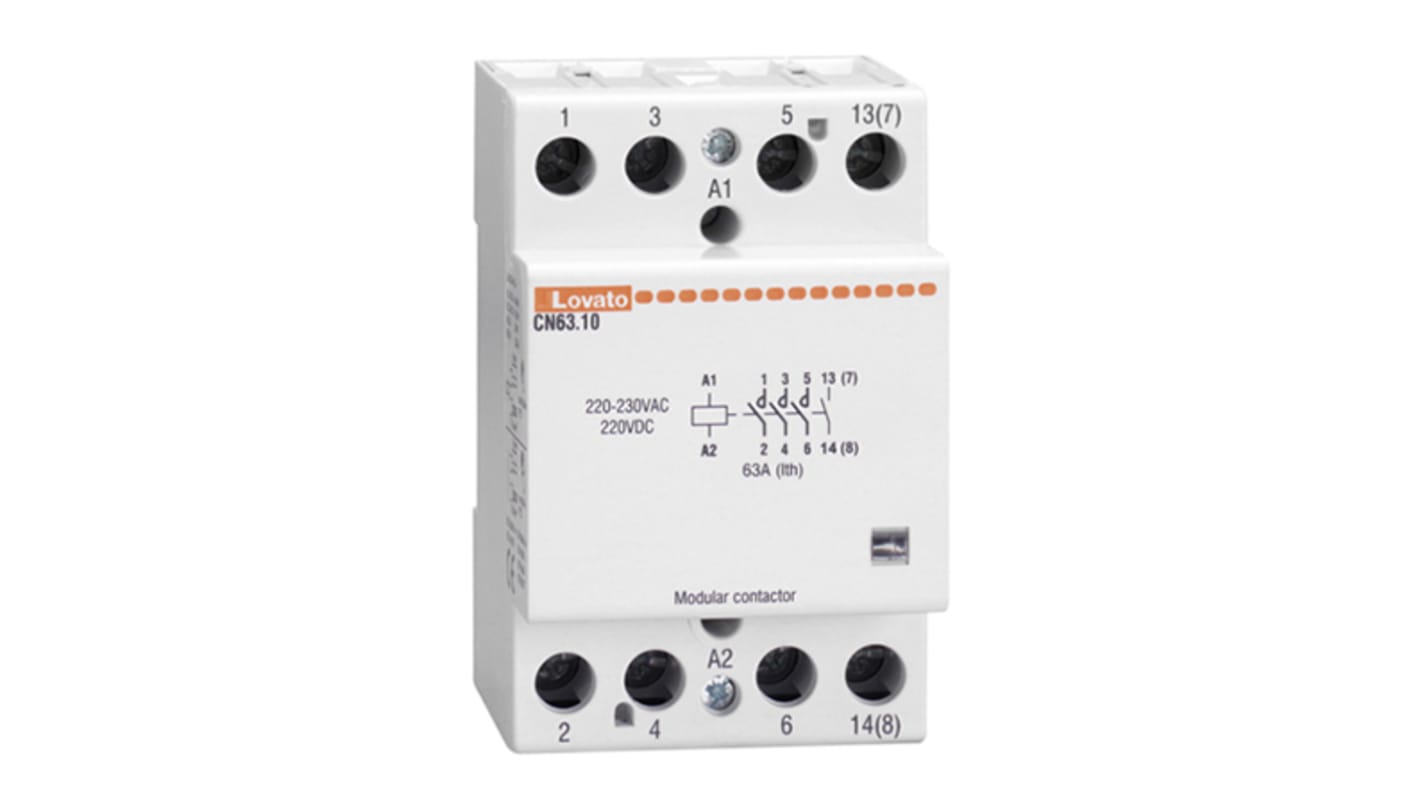 Contattore Lovato CN6310220, 4 poli, 30 A, bobina 230 V, montaggio su guida DIN 35 mm, dimensioni 65x53.5x85 mm.