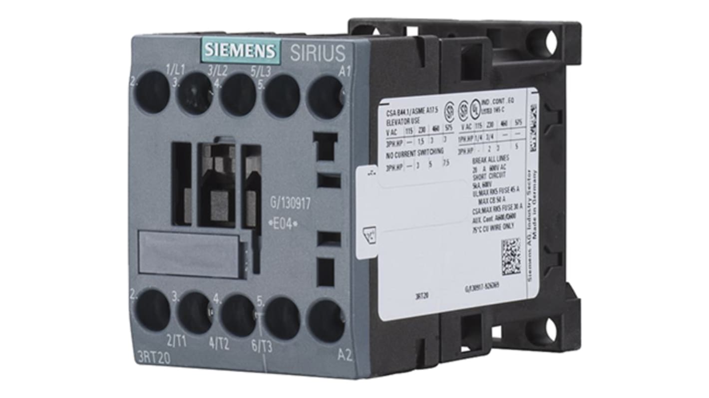 Relè di controllo Siemens 3RT2015-1JB41, 3 contatti NO, montaggio su guida DIN, dimensioni 73x45x57,5 mm, tensione 690 V.