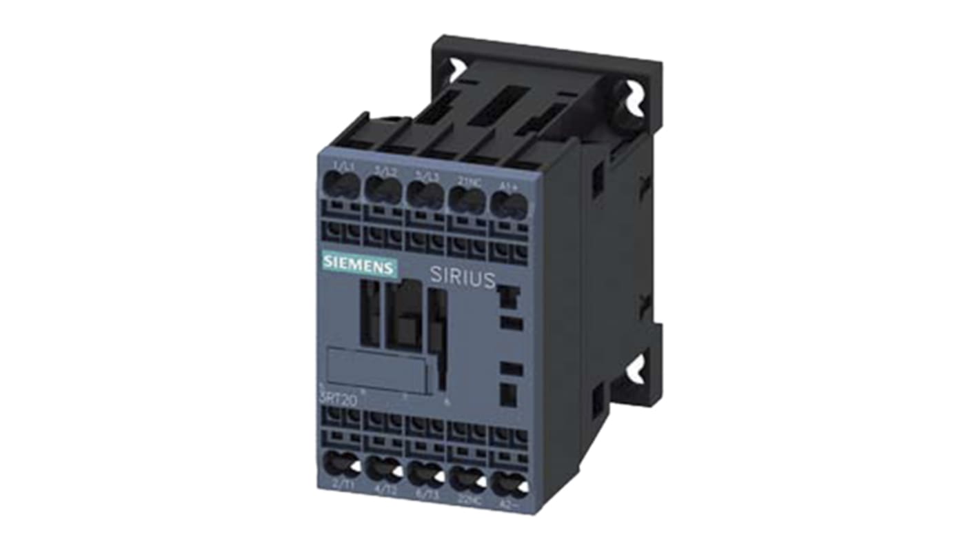 Relè di controllo Siemens 3RT2015-2JB42, 3 contatti NO, montaggio su guida DIN, dimensioni 73x45x69,5 mm, tensione 690 V.