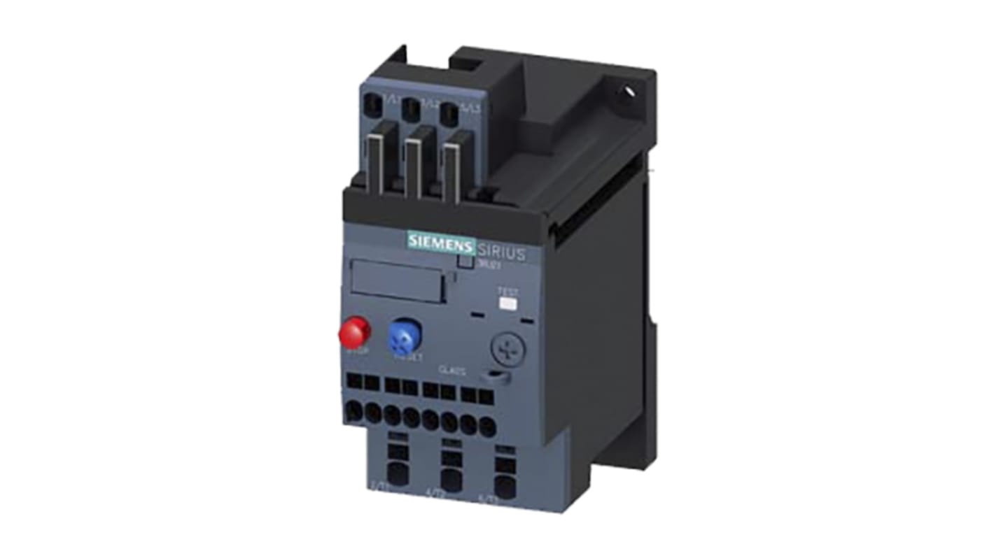 Relè di sovraccarico Siemens 3RU2116-0JC1, 1 NO + 1 NC, montaggio su guida DIN, dimensioni 79.5 x 45 x 101.9 mm.