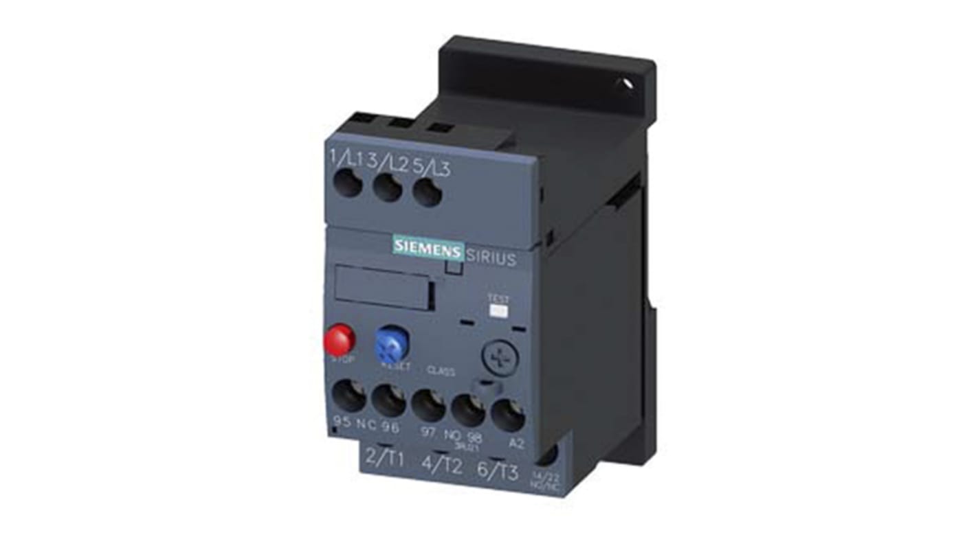 Relè di sovraccarico Siemens 3RU2116-0KB1, 1 NO + 1 NC, montaggio su guida DIN, dimensioni 80x45x89 mm, corrente nominale 3 A.