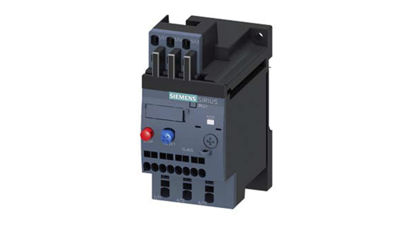 Relè di sovraccarico Siemens 3RU2116-1AC1, 1 NO + 1 NC, carico FLC 1,6 A, montaggio su guida DIN, dimensioni 79,5 x 45 x 101,9 mm.
