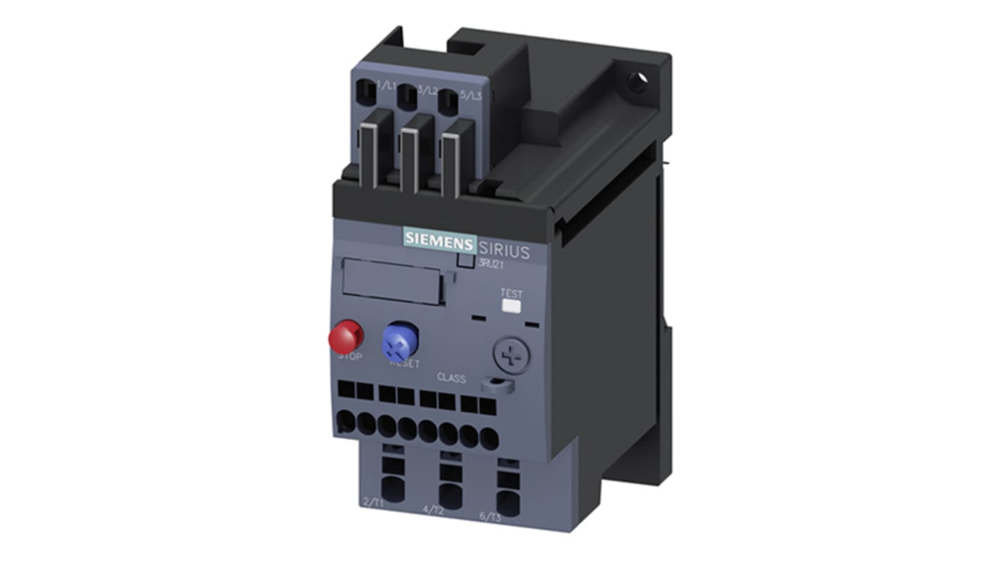 Relè di sovraccarico Siemens 3RU2116-1CC1, 1 NO + 1 NC, carico FLC 2,5 A, montaggio su guida DIN, dimensioni 79.5 x 45 x 101.9 mm.