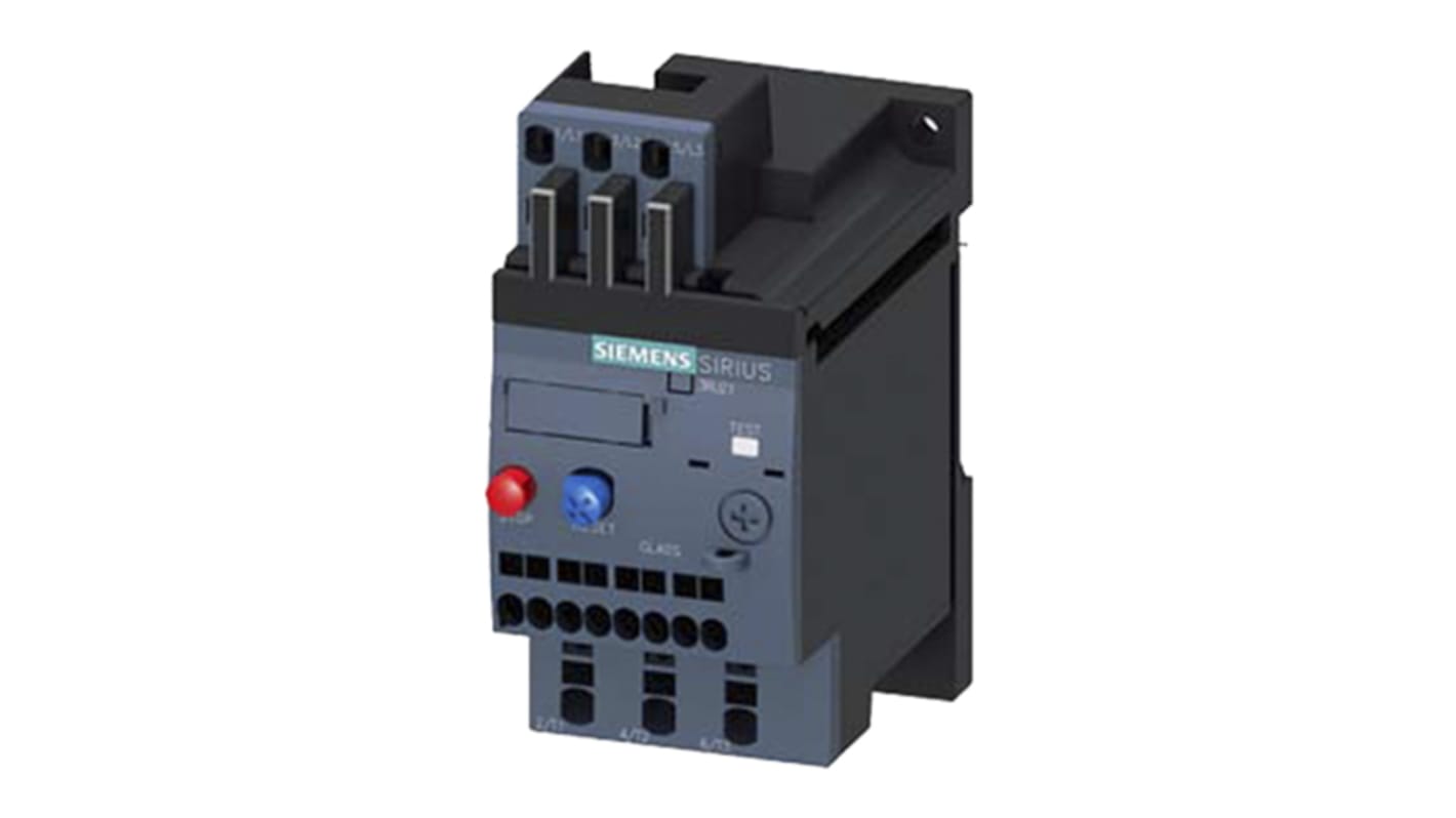 Relè di sovraccarico Siemens 3RU2116-1GC1, 1 NO + 1 NC, carico FLC 6,3 A, montaggio autonomo, dimensioni 79,5 x 101,9 x 45 mm.