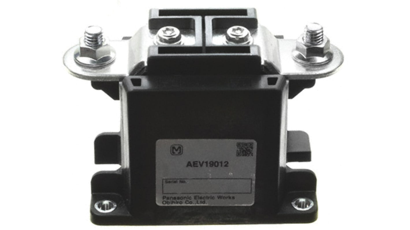 Relè automotive Panasonic AEV19024, 24V cc, 300A, montaggio su flangia, dimensioni 111mm x 74.7mm x 63mm.