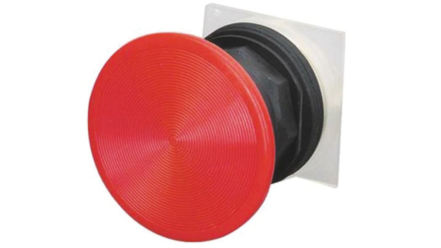 Pulsante rotondo rosso Schneider Electric 9001K93R, testa a fungo, diametro 57 mm, IP66, installazione con ghiera ottagonale.