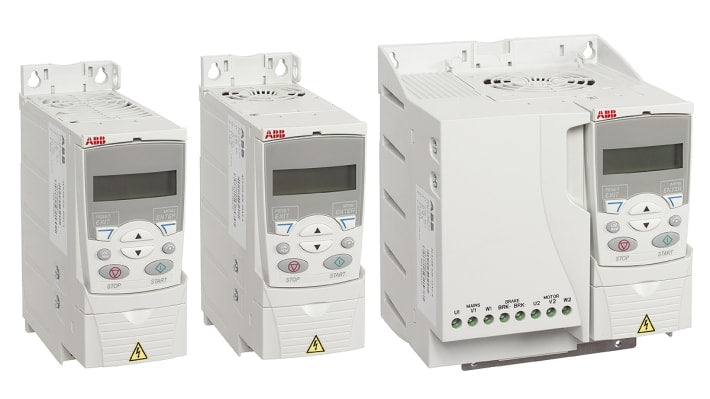 ABB ACS310-01E-02A4-2, inverter per ventole e pompe, potenza 0,37 kW, montaggio a parete o su guida DIN, dimensioni 239x70x161 mm.