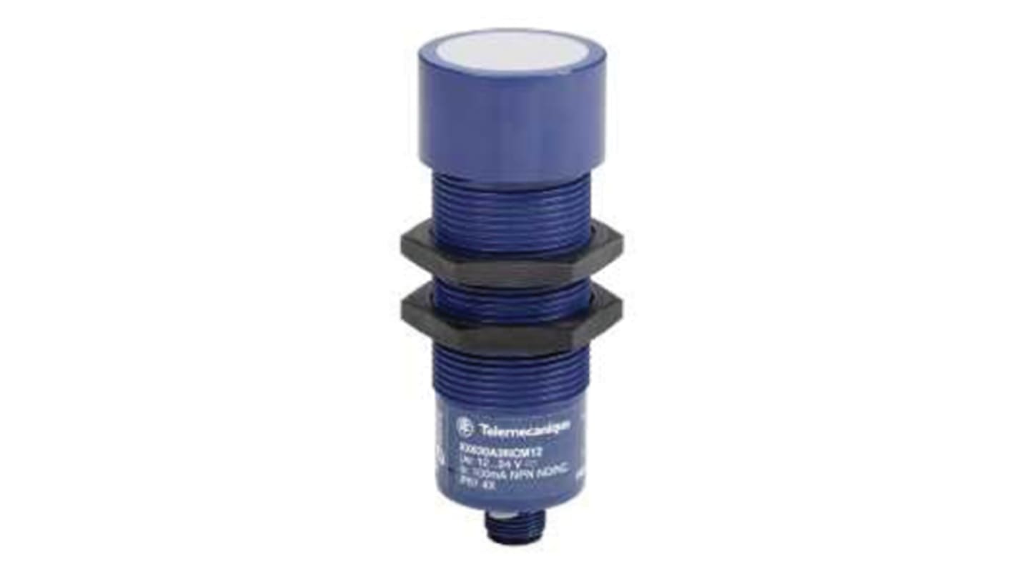 Sensore di prossimità cilindrico PNP Telemecanique Sensors XX230A11PA00M12, M30, rilevamento 50-1000 mm, IP67, alimentazione 12-24 V DC.
