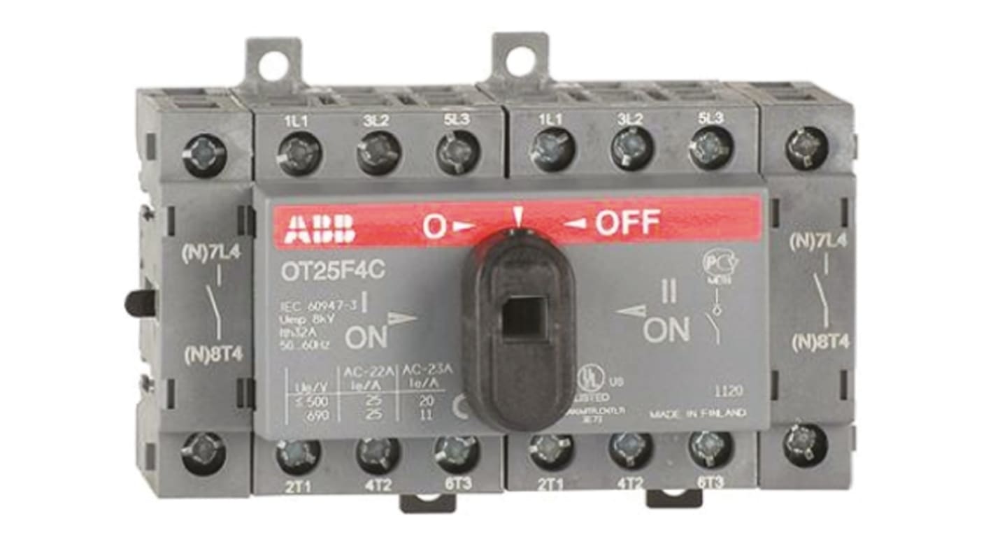 Interruttore di isolamento ABB OT25F4C, 4 poli, 25A, per guida DIN, adatto a quadri di controllo e centri di motori.