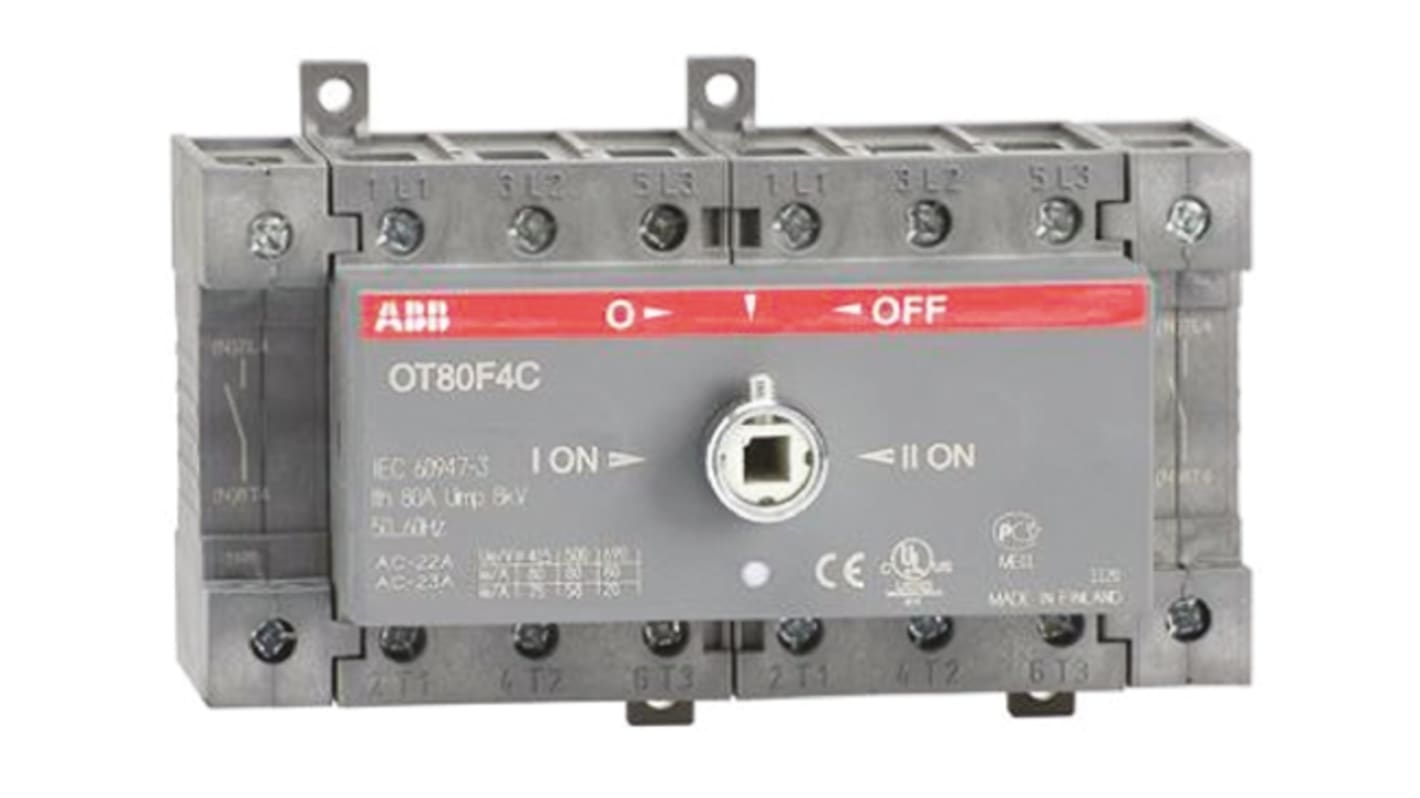 Interruttore di isolamento ABB OT80F4C, 4 poli, 80A, montaggio su guida DIN, adatto per centri di controllo motori.