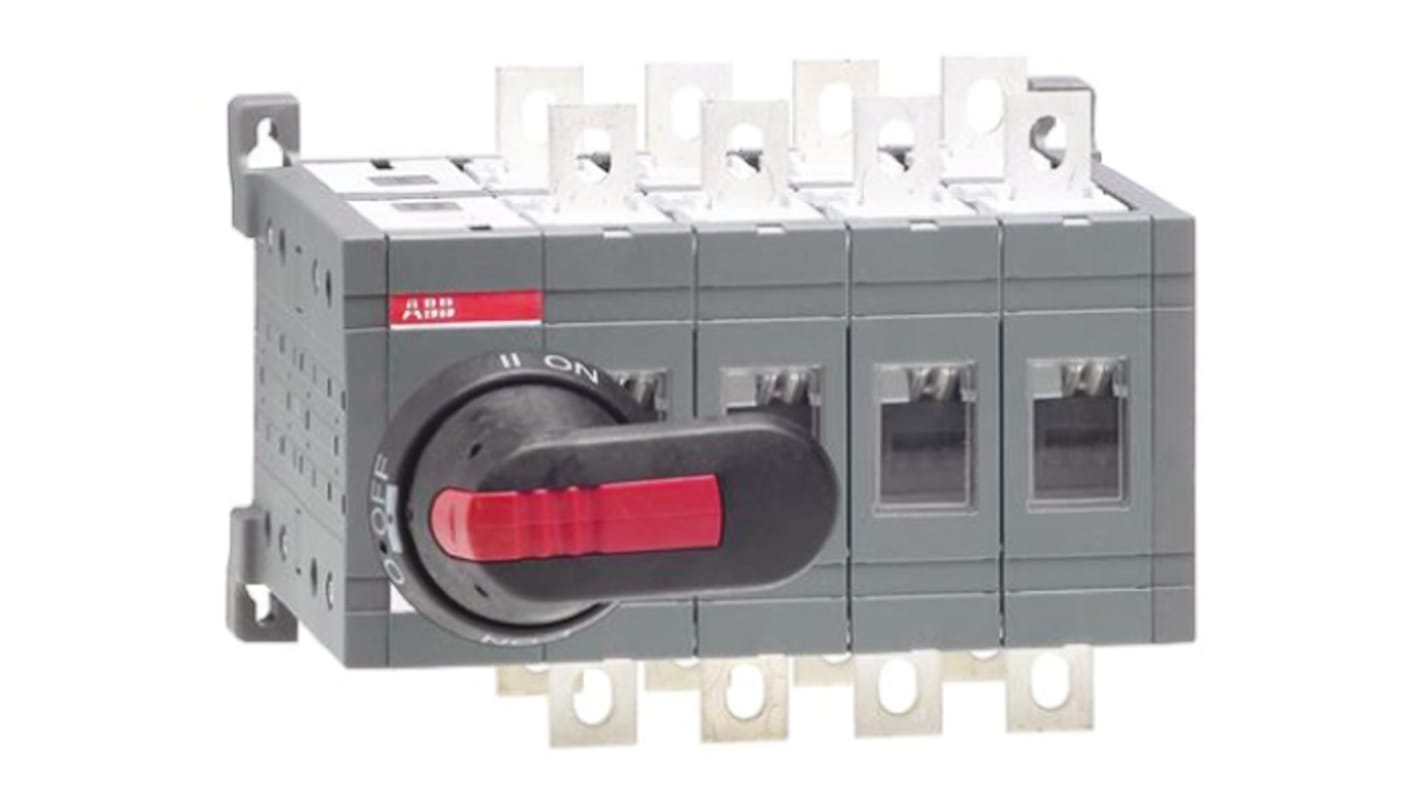 Interruttore di isolamento ABB OT250E04CP, 4 poli, 250A, montaggio su guida DIN, maniglia nera, lucchettabile.