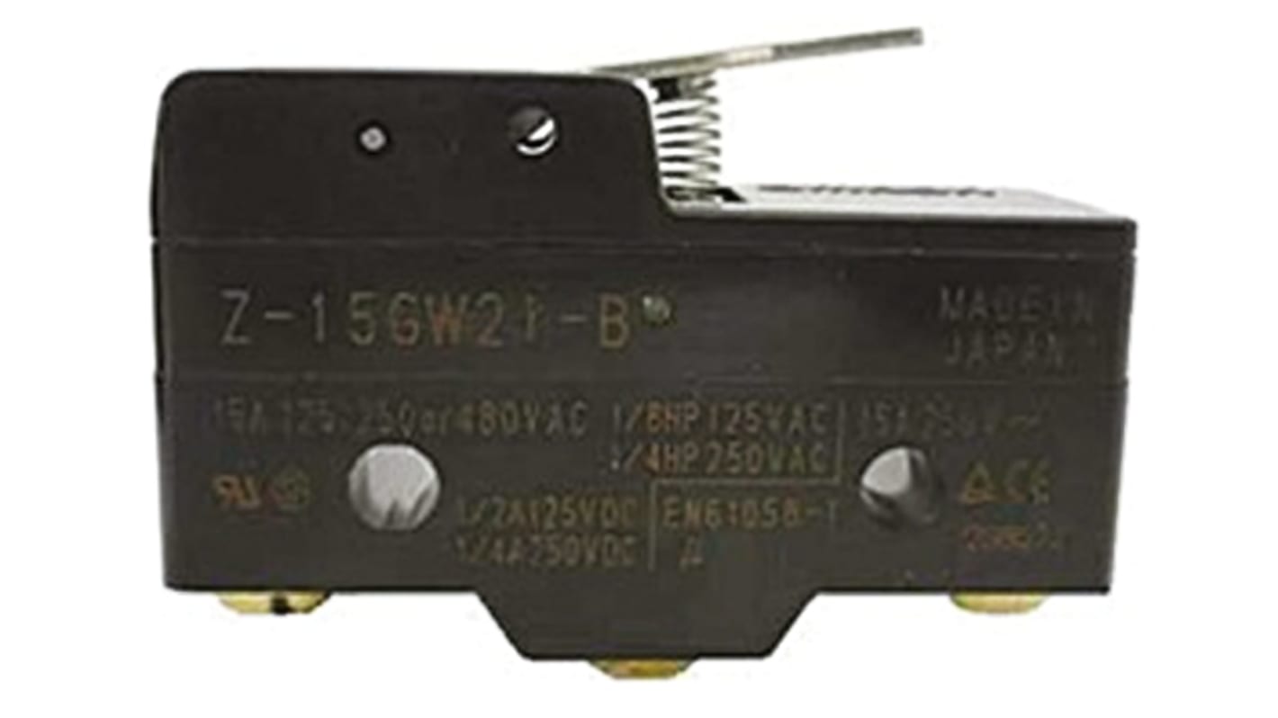 Interruttore di fine corsa Omron Z-15GW21B, leva SPDT, contatti NO/NC, dimensioni 49.2mm x 29.4mm x 17.45mm, protezione IP00.