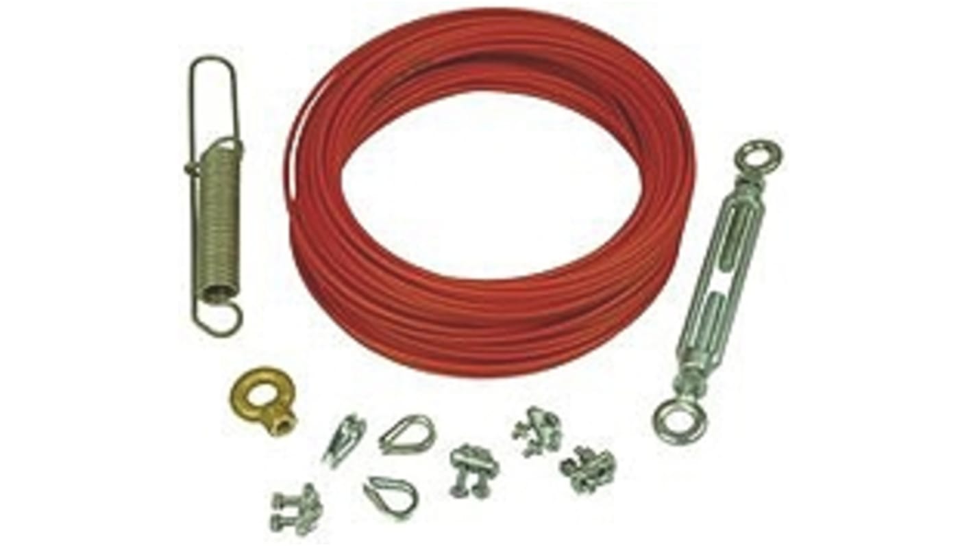 Kit a corda Telemecanique Sensors XY2CZ9350 per interruttori a fune, cavo galvanizzato rosso lungo 50m, accessori per installazione sicura.