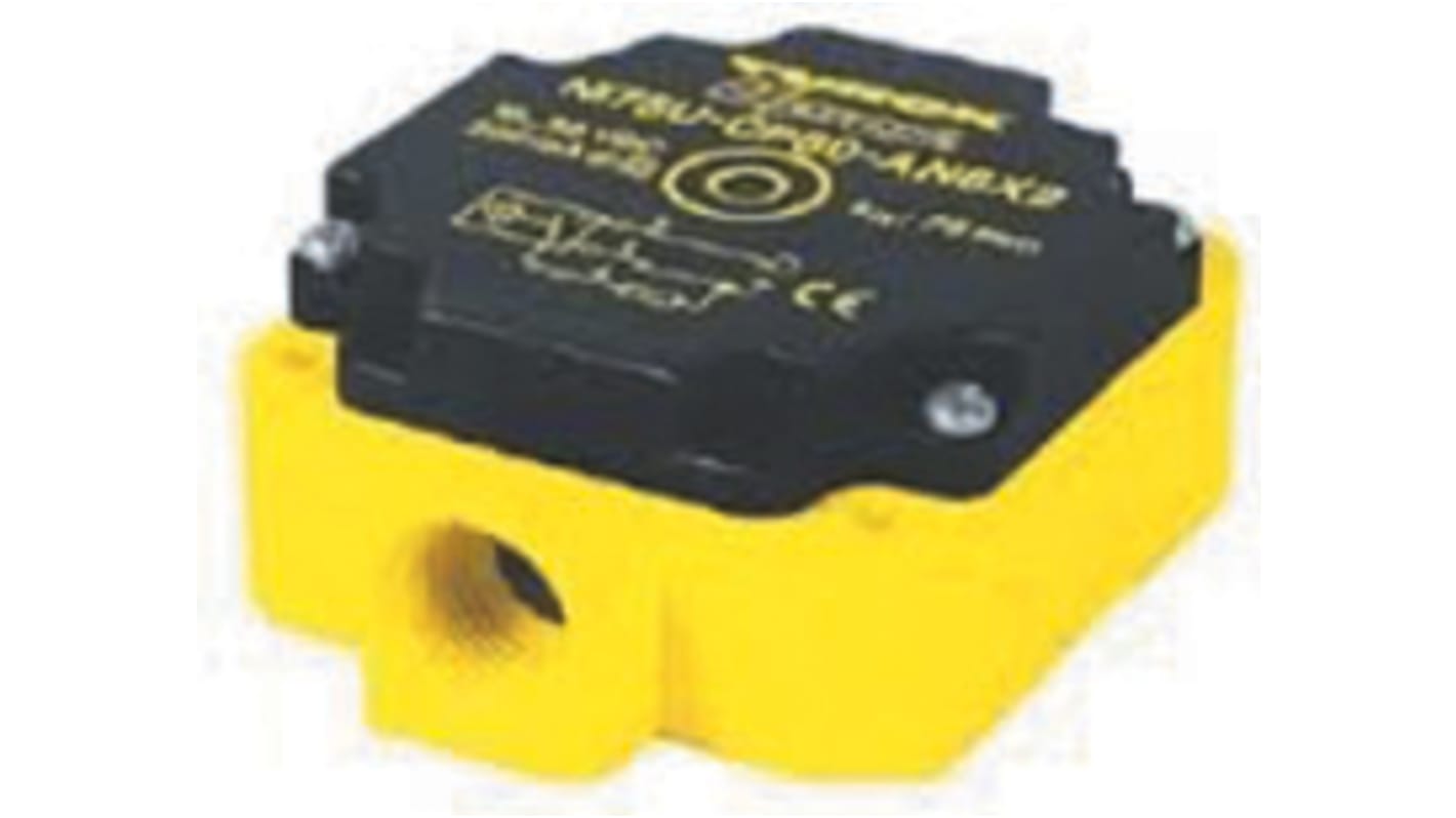 Sensore di prossimità PNP Turck NI75U-CP80-VP4X2, rilevamento 75 mm, alimentazione 10-65 V c.c., IP67, dimensioni 80x80x40 mm.