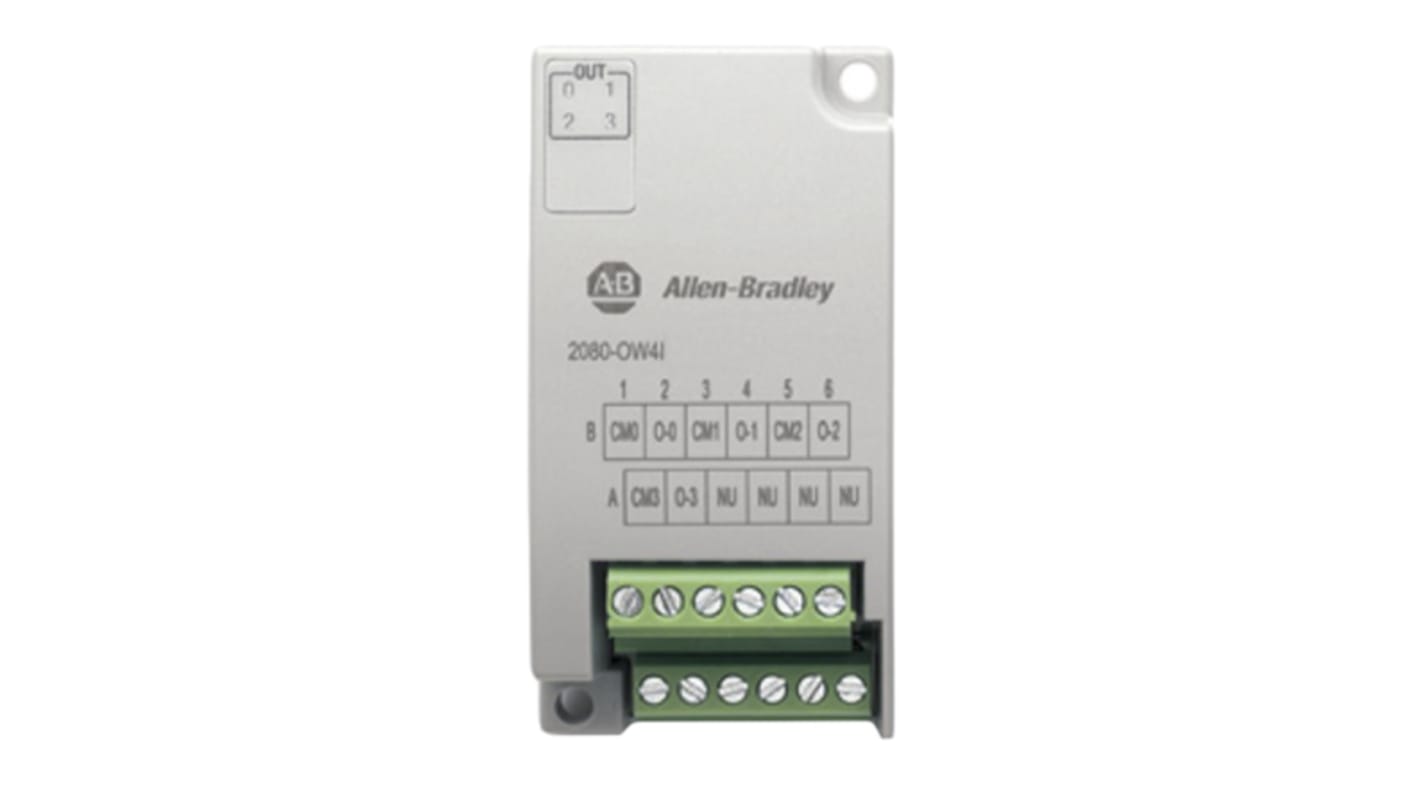 Modulo di uscita relè Allen Bradley Guardmaster 2080-OW4I, 4 canali, montaggio su guida DIN, dimensioni 62 x 31,5 x 25,3 mm.