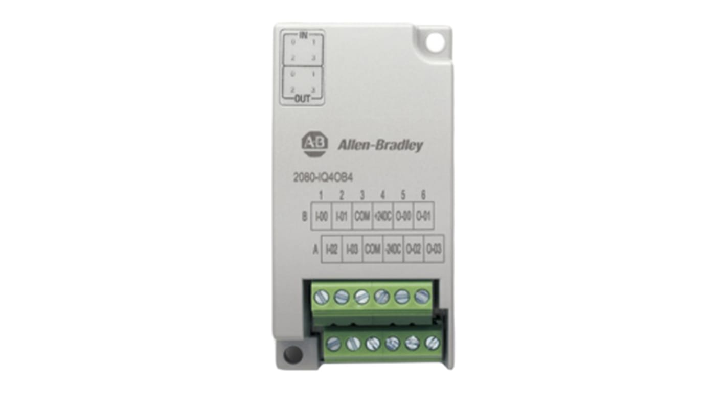 Modulo I/O Allen Bradley Guardmaster 2080-IQ4OB4 per PLC Micro820/830/850, 4 ingressi e 4 uscite digitali, dimensioni 62 x 31,5 x 25,3 mm.