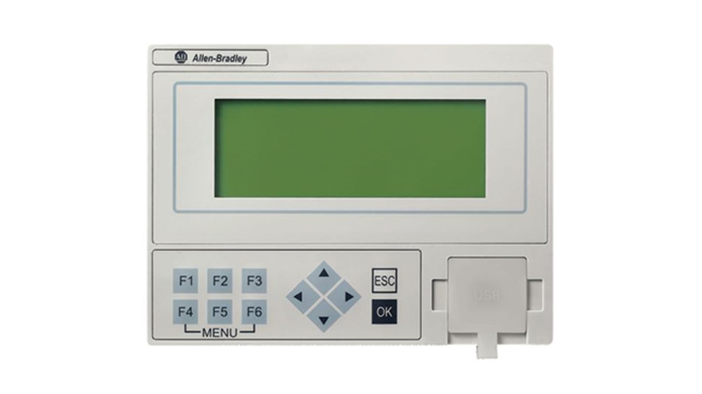 Modulo display LCD Allen Bradley 2080-REMLCD per controller Micro820, montaggio su pannello o guida DIN, dimensioni 97 x 130 x 36 mm.