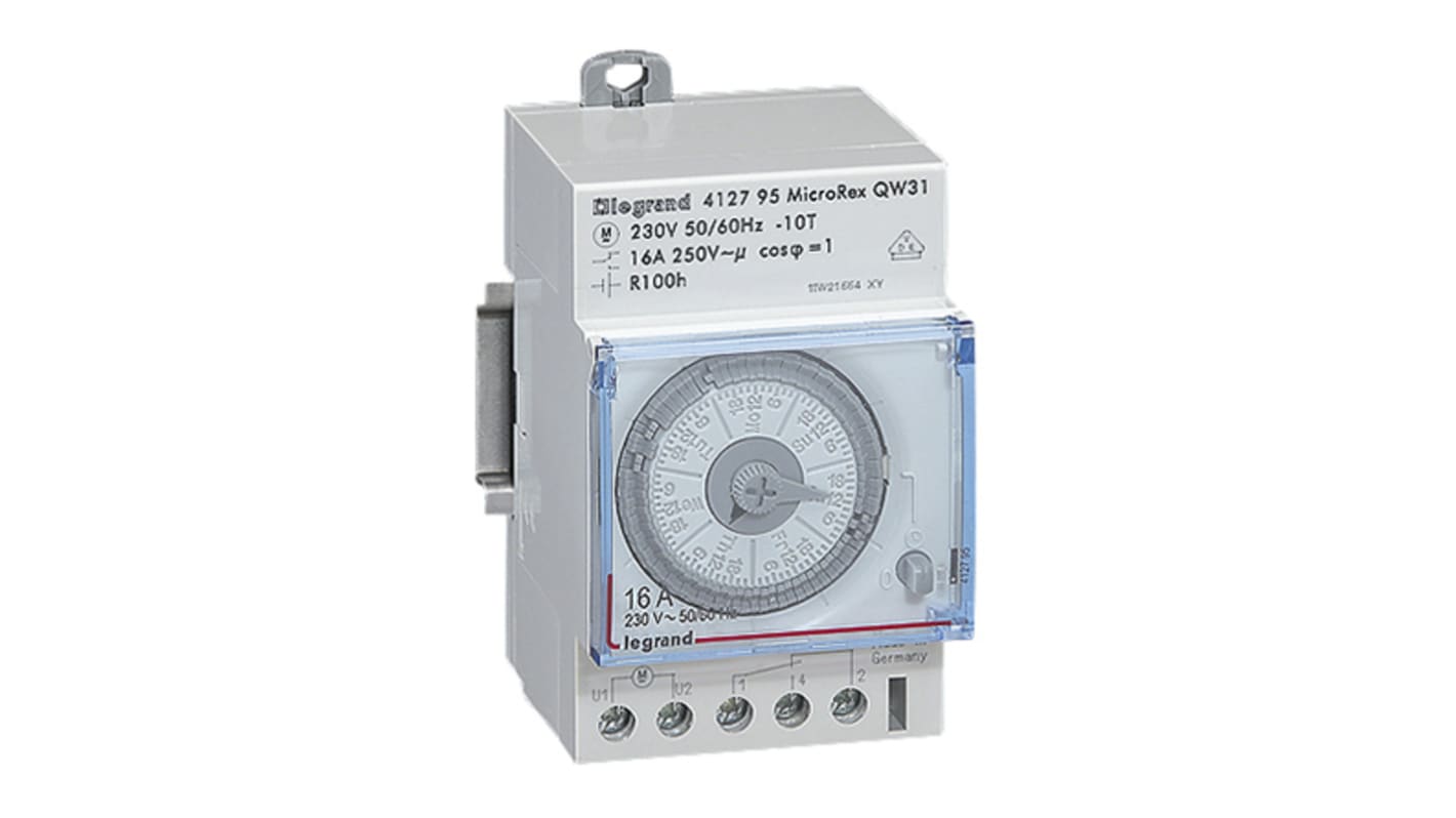 Temporizzatore Legrand 4 127 95 per guida DIN, SPDT, 3 canali, programmabile, 230 V ca, dimensioni 83x66 mm.