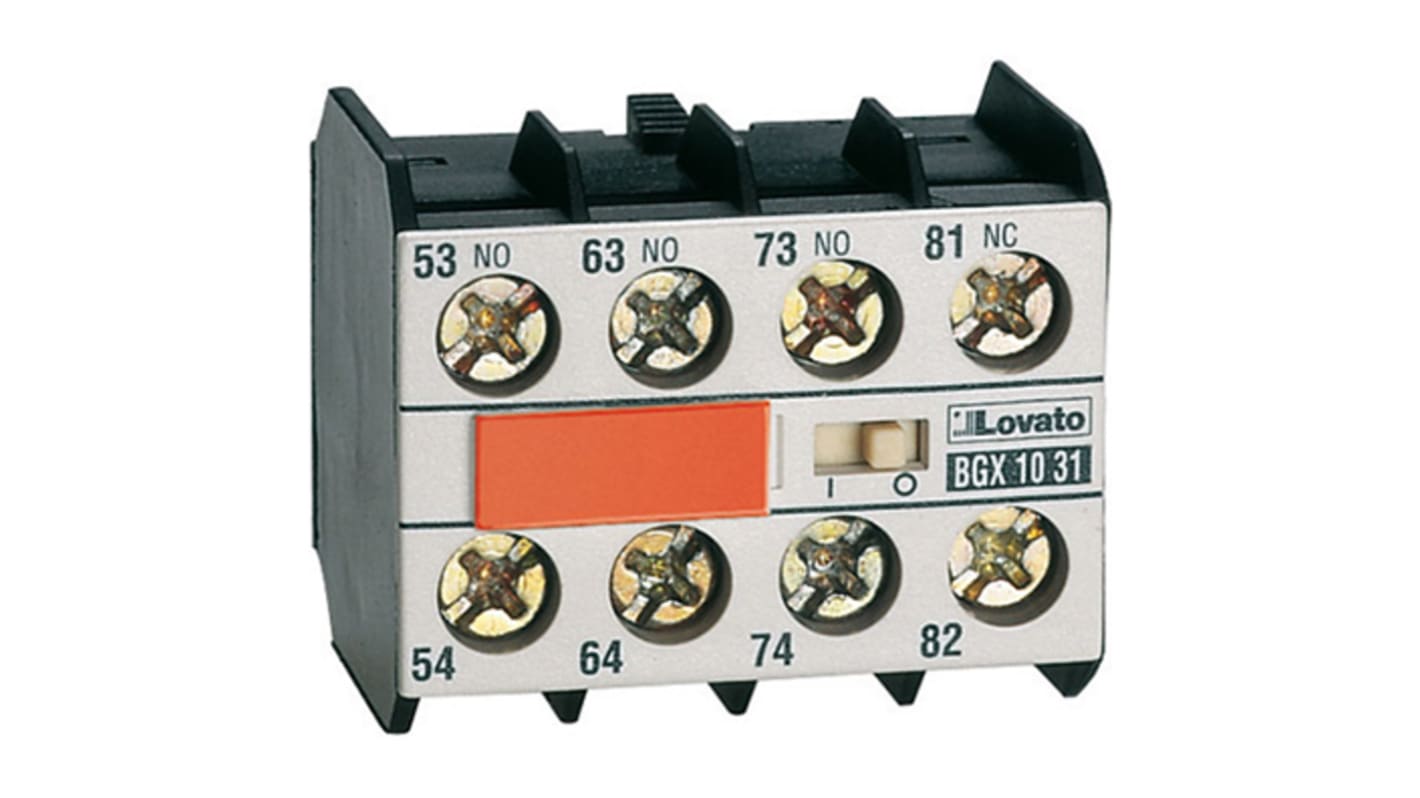 Modulo contatti Lovato 11BGX1031, unità ausiliaria con 4 contatti (1NC + 3NO), montaggio su guida DIN, corrente nominale 10 A, tensione 690 V.