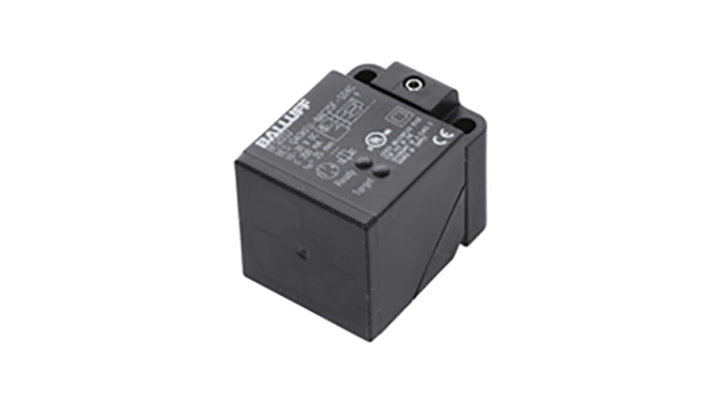 Sensore di prossimità NPN BALLUFF BES Q40KFU-NAC25F-S04G, induttivo, 25 mm, IP67, montaggio non a filo, dimensioni 40x40x62 mm.