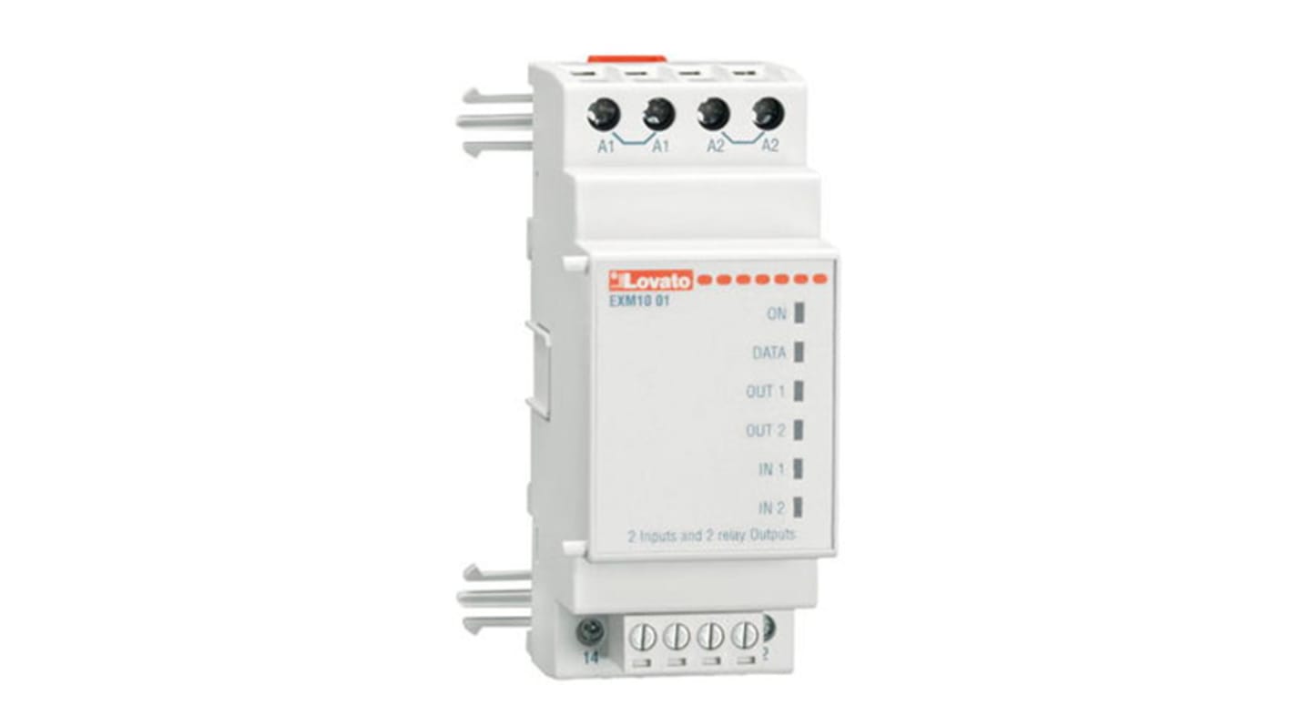 Modulo di espansione Lovato EXM1001 per PLC, 2 ingressi digitali, 2 uscite relè, montaggio su guida DIN, dimensioni 35,8 x 90 x 63 mm.