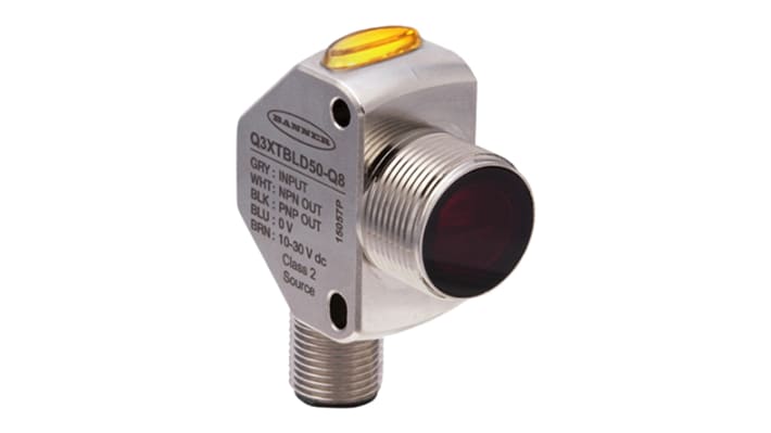 Sensore di contrasto cilindrico a diffusione Banner Q3XTBLD-Q8, rilevamento fino a 300 mm, uscita NPN/PNP, montaggio a pannello. Grado di protezione IP69K.