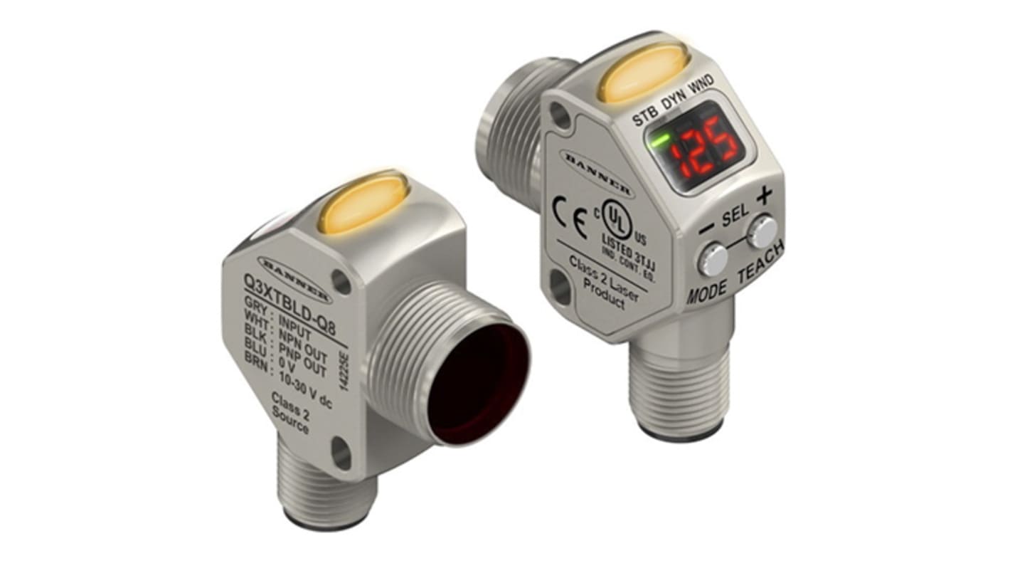 Sensore di contrasto cilindrico Banner Q3XTBLD100-Q8, rilevamento da 0 a 100 mm, uscita NPN/PNP, grado di protezione IP67/IP68/IP69K.