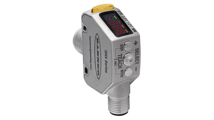 Sensore di distanza cilindrico Banner Q4XTULAF300-Q8, rilevamento 25-300 mm, uscita NPN/PNP, montaggio a pannello, IP67/IP68/IP69K.