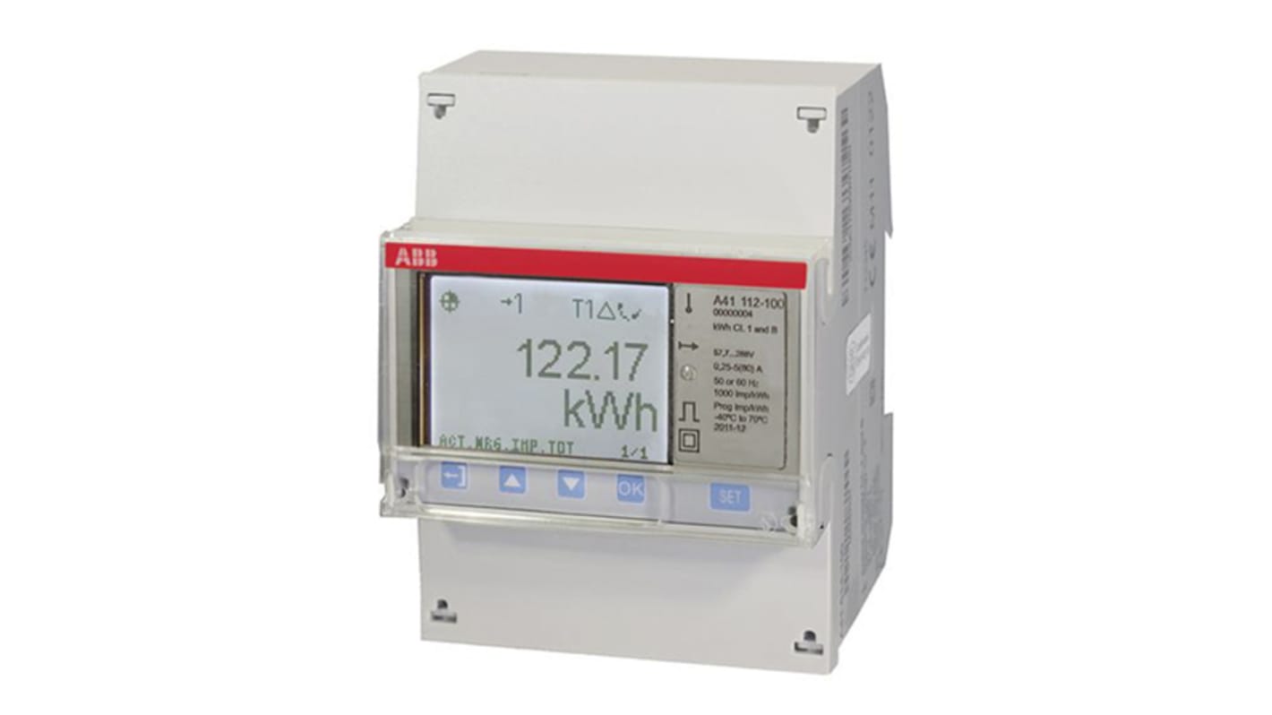 Contatore di energia monofase ABB 2CMA170500R1000 A41 112-100, montaggio su guida DIN, display LCD, precisione classe 1.