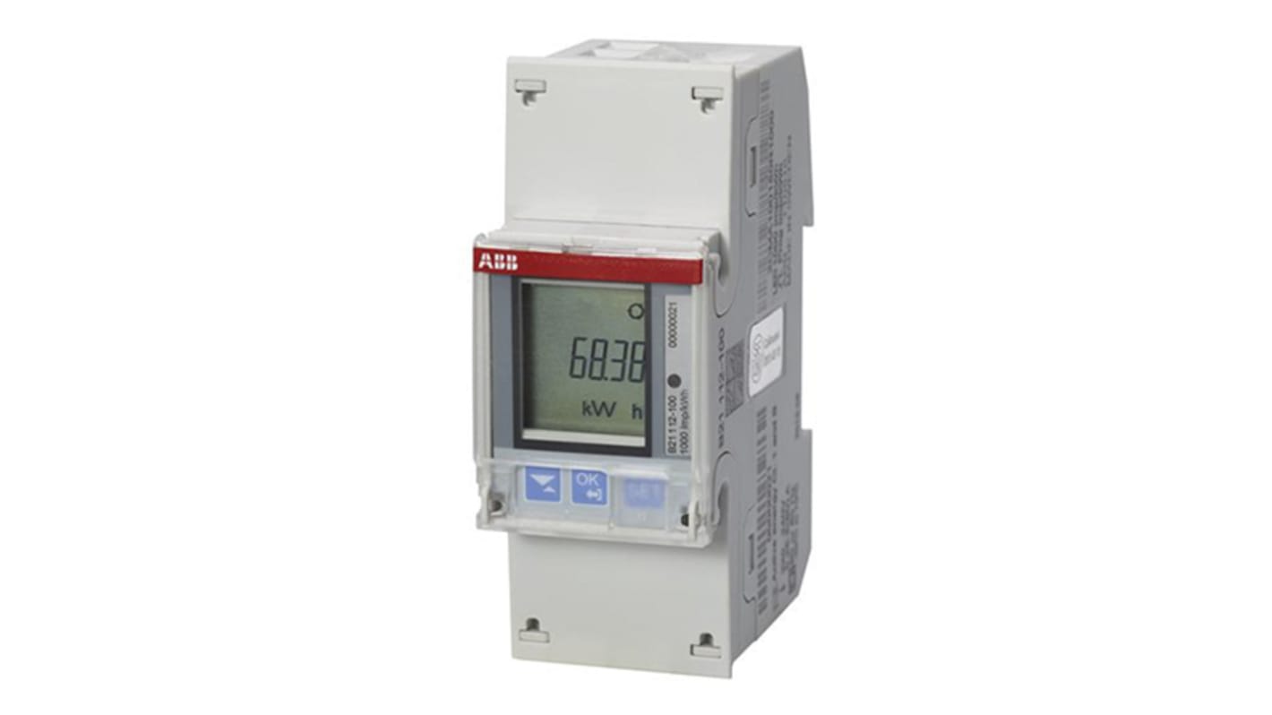 Contatore di energia monofase ABB 2CMA100150R1000 B21 112-100, montaggio su guida DIN, display LCD, interfaccia Modbus RS485.