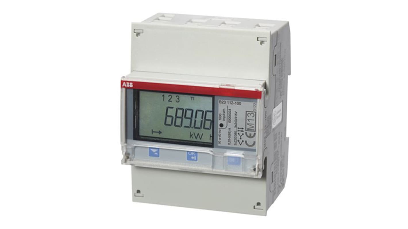 Contatore di energia trifase ABB 2CMA100164R1000, LCD 7 cifre, montaggio su guida DIN, classe di precisione 1, IP20.
