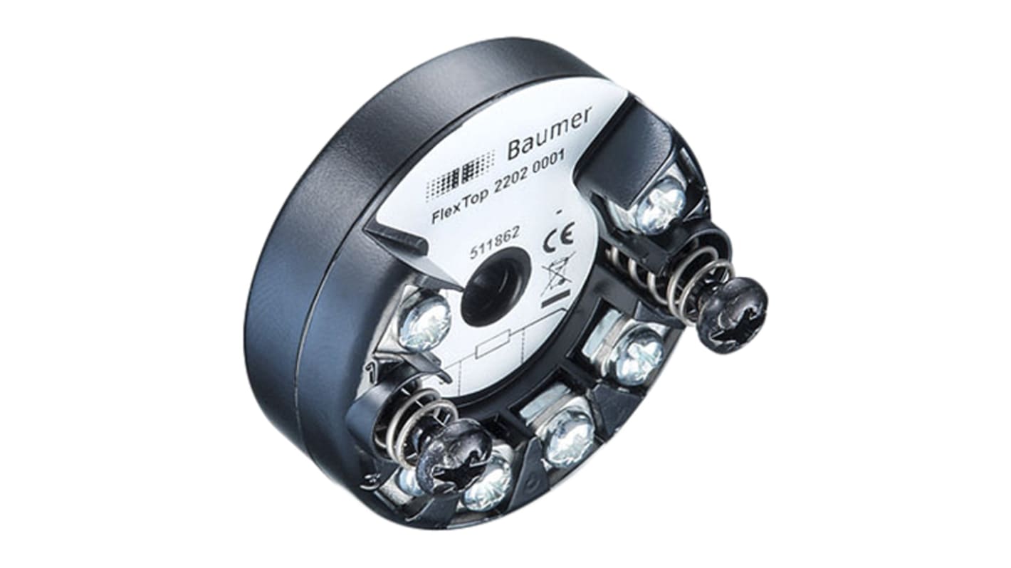 Trasmettitore di temperatura Baumer 11188320, ingresso PT100, alloggiamento in silicone, diametro 44 mm, operante da 0 a 150 °C.